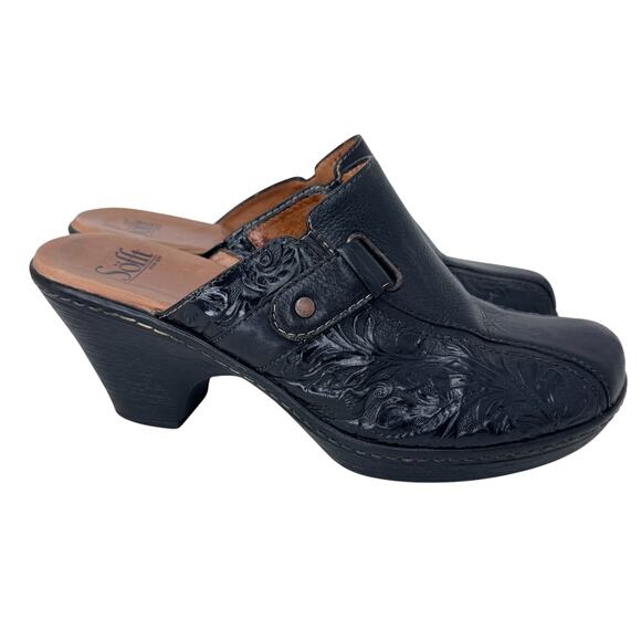 Sofft Mule Clog Womens US 10M Black Embossed Leather Block Heel Slip On 1042101‎ - Picture 1 of 11